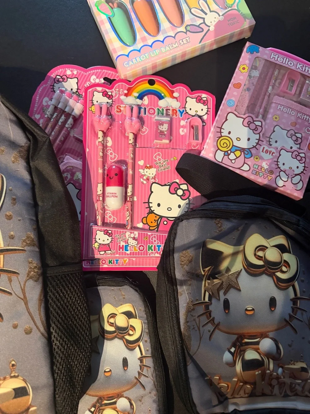 Hello Kitty Metallic Gold and Black Backpack + Matching Pouch Set
